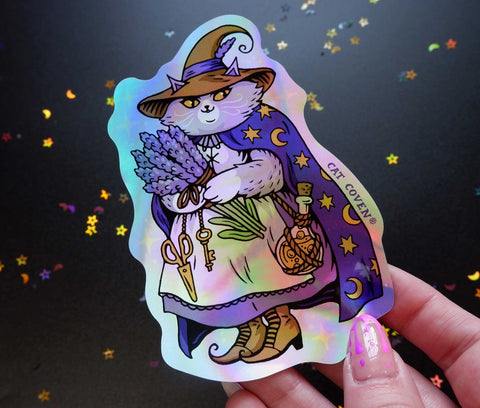 Lavender Cat Witch Holographic Sticker