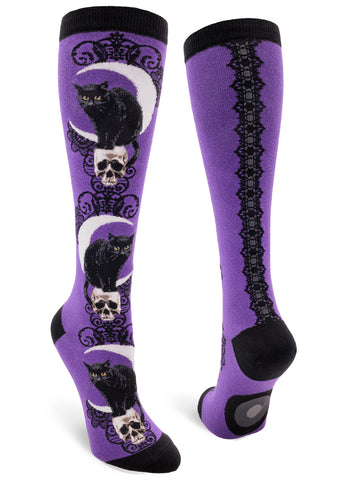 Purple Black Cat Moon Knee High Socks
