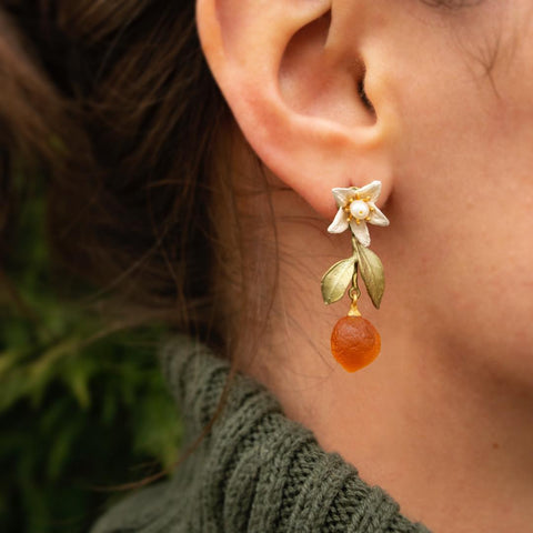 Orange Blossom Flower and Drop Post Earrings