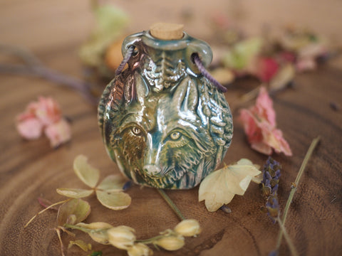 Raku Wolf Bottle with Cork