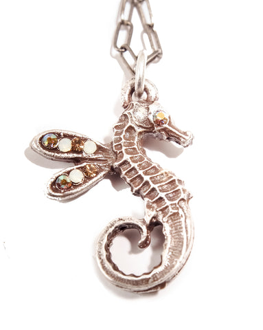 Sweet Winged Seahorse Pendant - Champagne Crystals