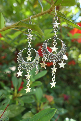 Silver Moon and Stars Dangle Earrings