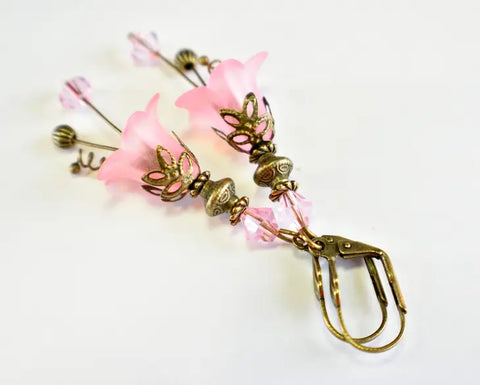 Victorian Style Rosy Pink Lucite Flower Earrings