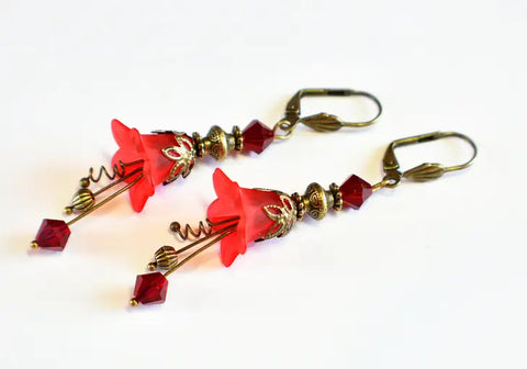 Victorian Style Red Lucite Flower Earrings