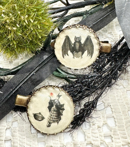 Alligator Clip Set - Vintage Bat and Bat Lady