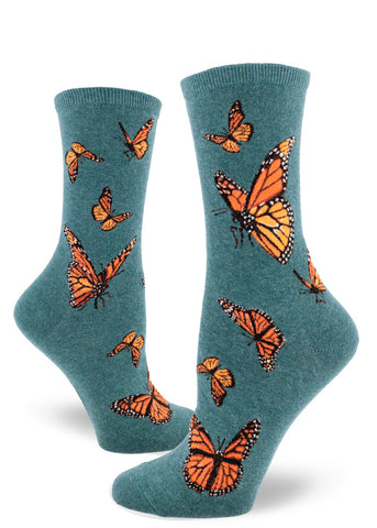 Monarch Butterfly Women’s Crew Socks, Heather Teal