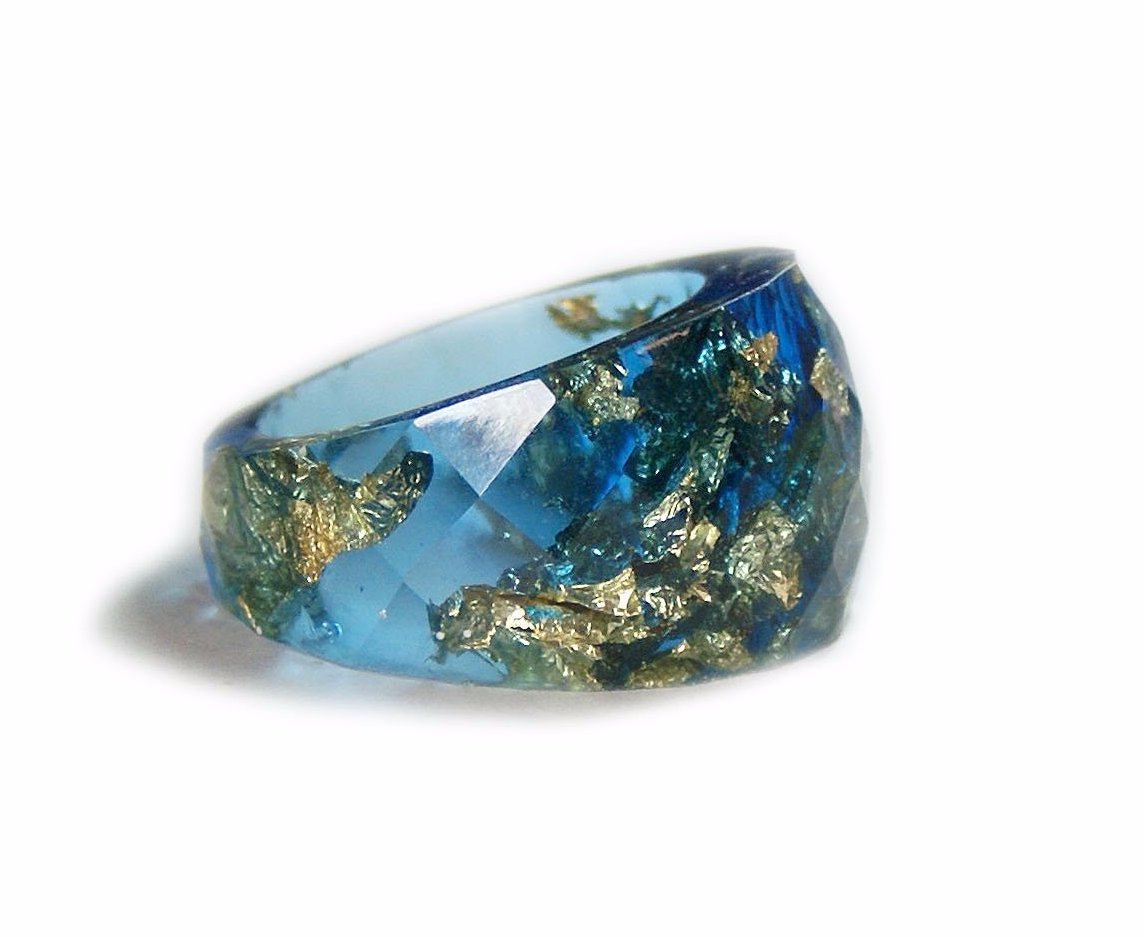 Blue and Gold Flake Resin Ring, Size 5-9