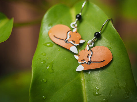 Curled-Up Fox - Whimsical Hand Painted Copper Earrings