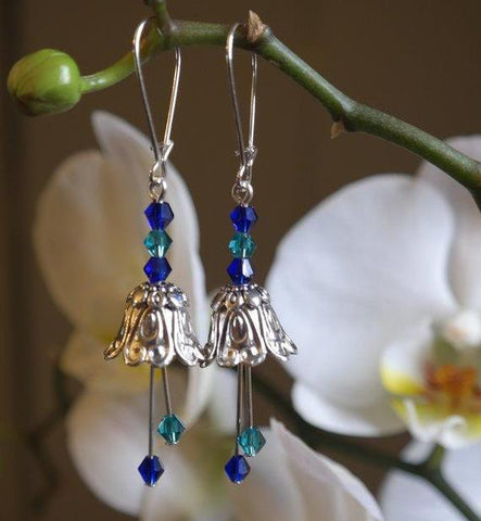 Silver Fairy Flower Earrings with Blue & Green